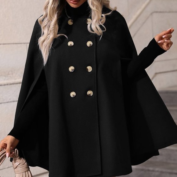 Black Preppy Womens Double Breasted Cloak Sleeve Cape Overcoat - Picture 2 of 7